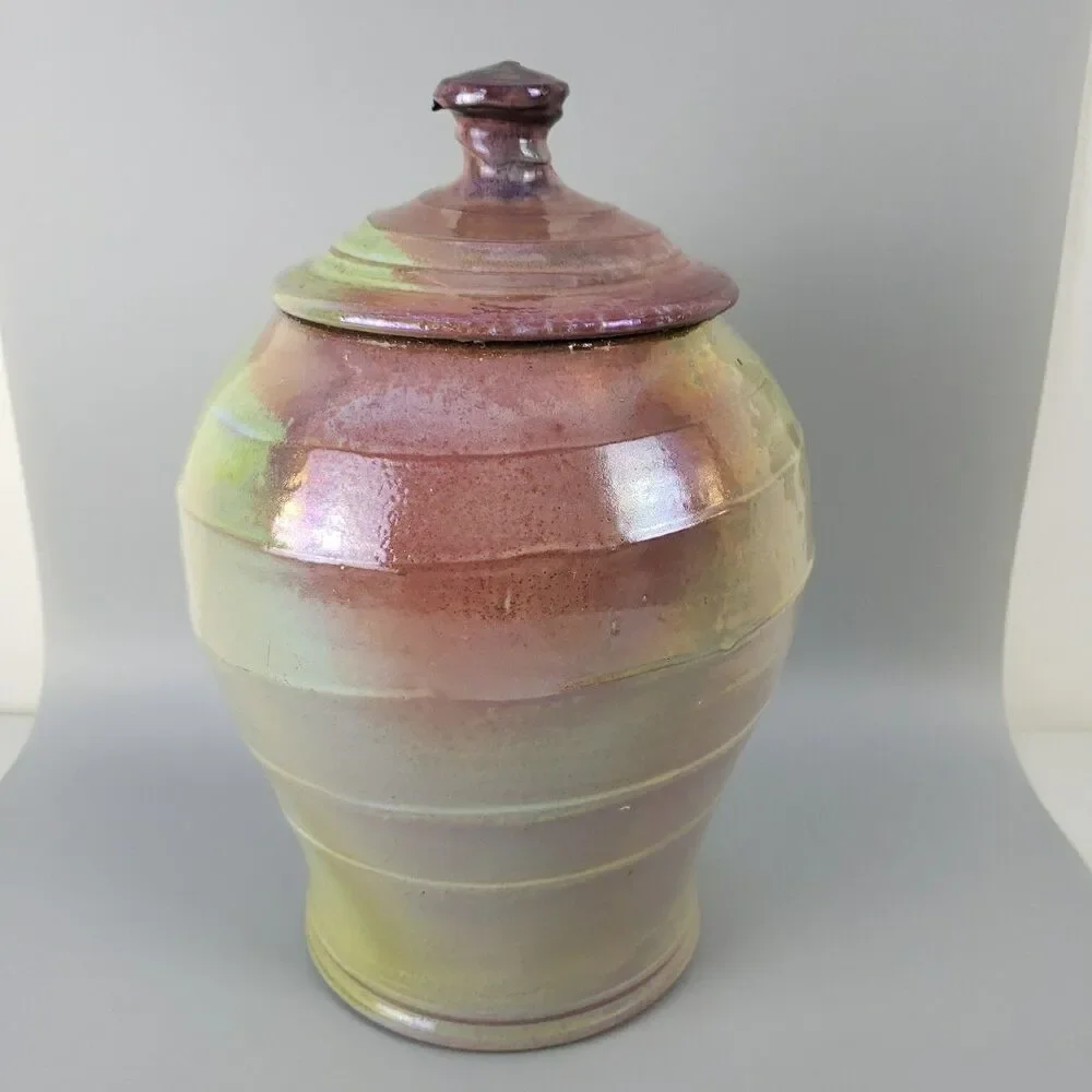 Studio Art Pottery Ginger Jar Lidded Iridescent Glaze Canister Swirl Signed 1991